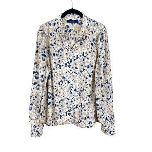 Rachel Roy Button Down Blouse Blouson Sleeve Speckled Cream Beige Blue Size XL